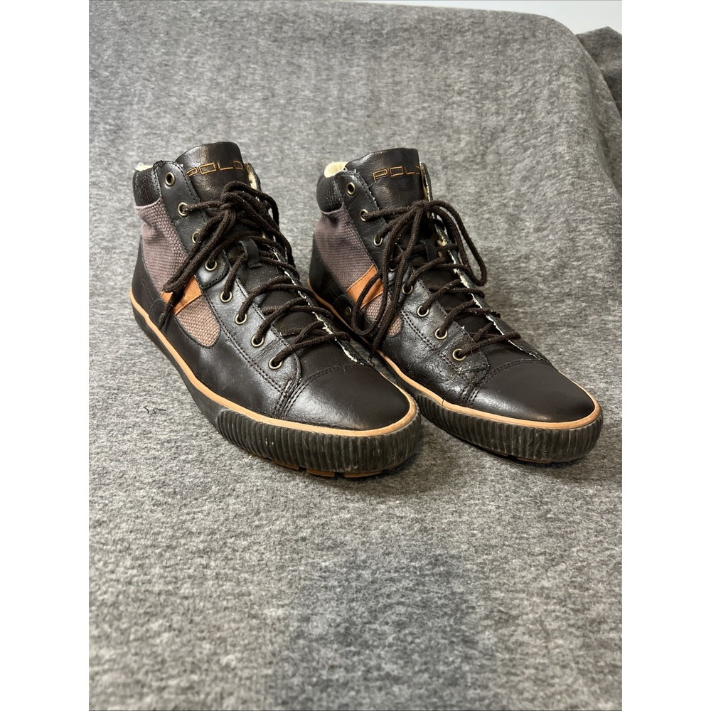 Mens Polo Ralph Lauren Brown Leather/Canvas Konner High‎ Top Sneakers Size 14D